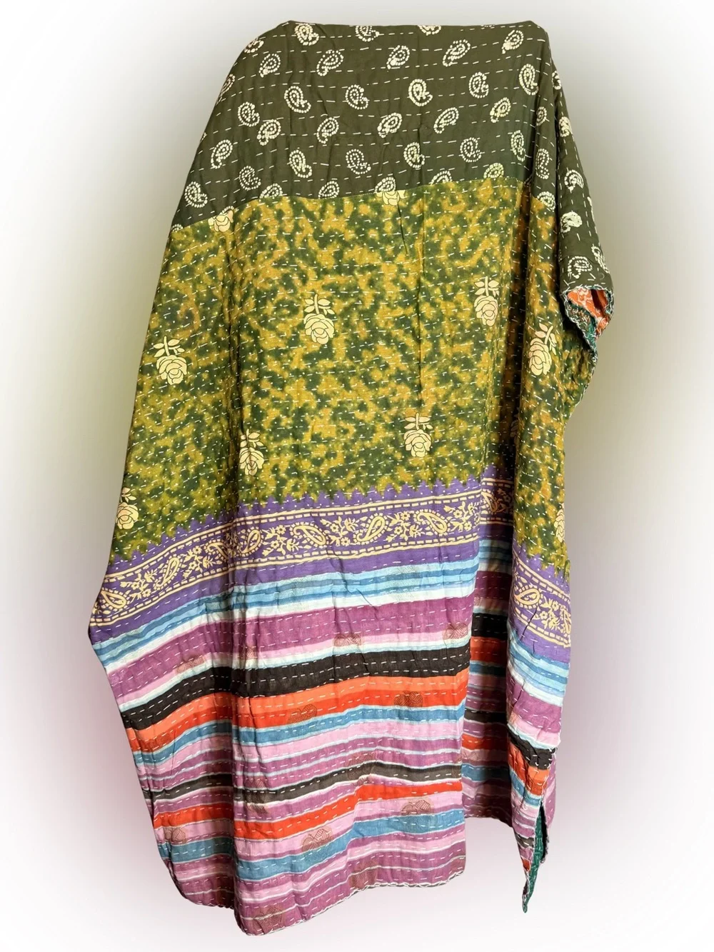 Green and Gold Floral Quilted Throw - Artisan Kantha Style